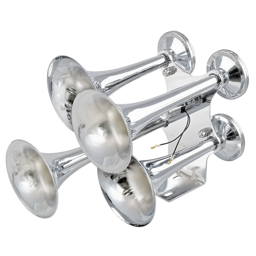 BUZINA DE TREM ELETROPNEUMÁTICA COM 4 CORNETAS E VÁLVULA SOLENÓIDE BIVOLT CROMADA - BUZI19-DIP