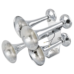 BUZINA DE TREM ELETROPNEUMÁTICA COM 4 CORNETAS E VÁLVULA SOLENÓIDE BIVOLT CROMADA - BUZI19-DIP