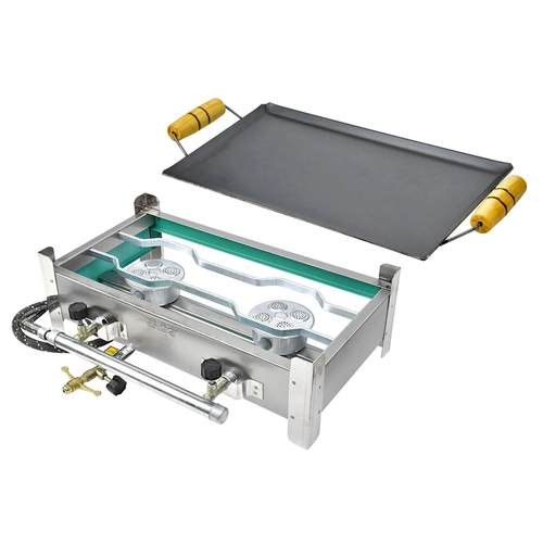 FOGAREIRO DE INOX COM MANGUEIRA REGISTRO E CHAPA COM 2 BOCAS DE 420X220X110MM DO LADO ESQUERDO - FOGA07-E