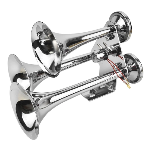 BUZINA DE TREM ELETROPNEUMÁTICA COM 3 CORNETAS E VÁLVULA DE 37MM BIVOLT CROMADA - BUZI18-I