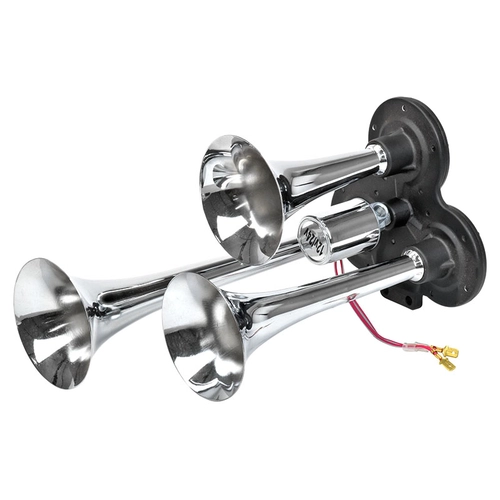 BUZINA PARA CAMINHÕES COM 3 CORNETAS DE MODELO UNIVERSAL BIVOLT E CROMADA - BUZI06B-I