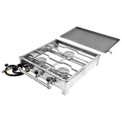FOGAREIRO DE INOX COM MANGUEIRA REGISTRO E CHAPA COM 3 BOCAS DE 420X420X100MM DO LADO ESQUERDO - FOGA10-E